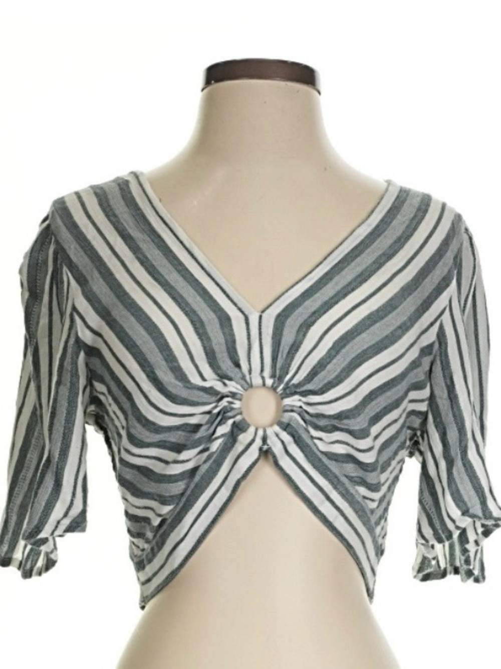 American Eagle Outfitters Gray & White Striped Ring-Front Crop Top
